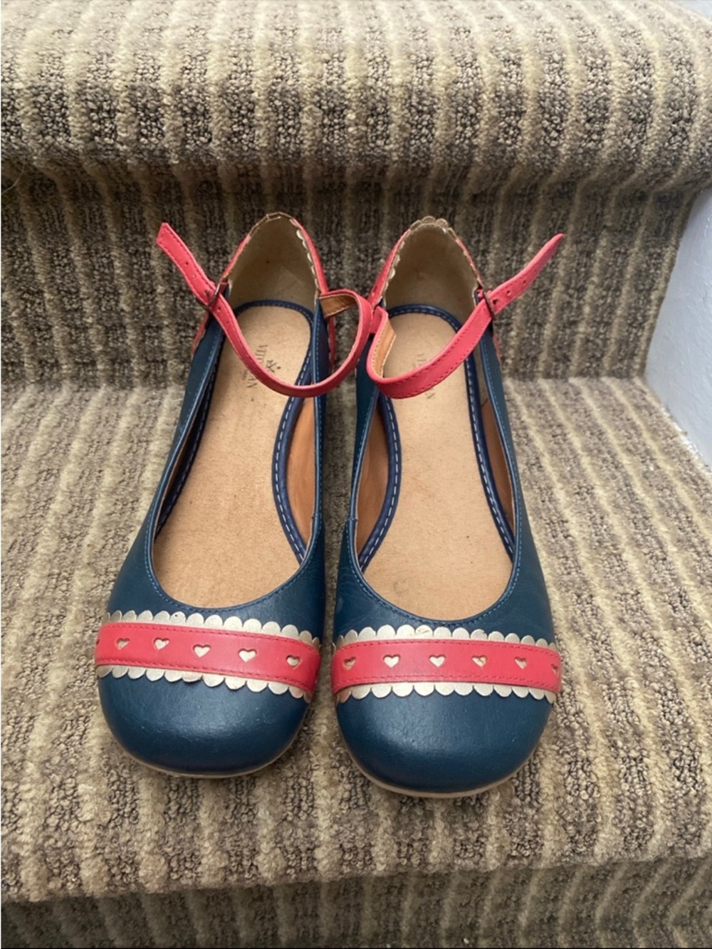 Girls Navy and Pink Heart-Trim Mary Jane Flats